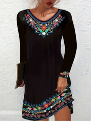  Floral Print Round Neck Long Sleeve Stretch Dress