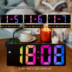 Colorful LED Digital Alarm Clock Mirror Display Snooze Temperature 12 24H USB