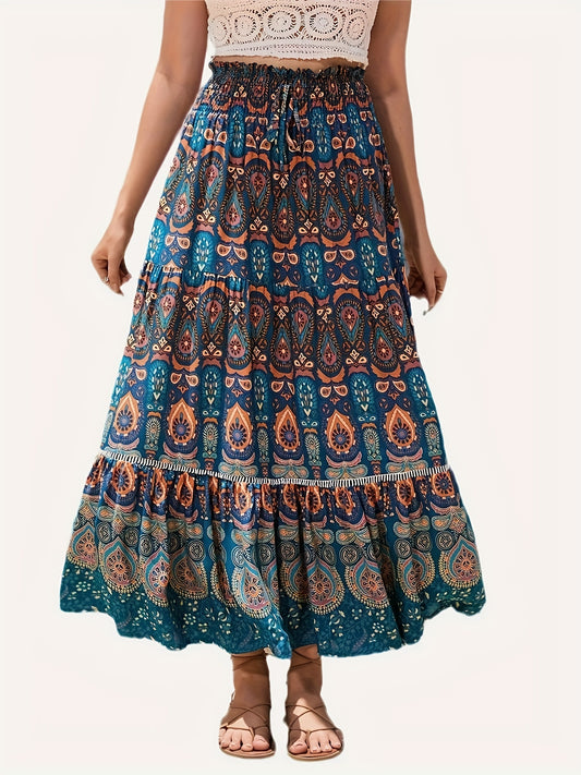  Boho Paisley Floral Print Maxi Skirt