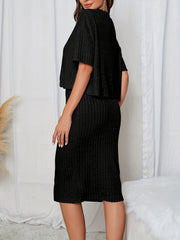 Ribbed Two piece Set V Neck Short Sleeve Tops & Bag Hip Midi Skirts