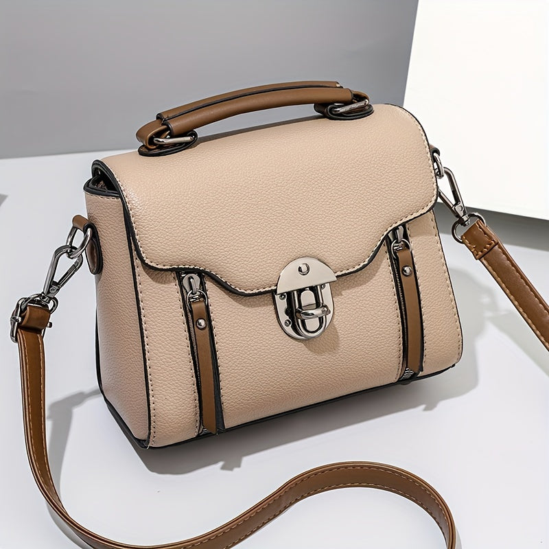 Retro Buckle Handbag Contrast Crossbody Bag Flap Zipper Detail Versatile Purse