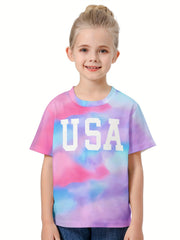 Girls Boys 3D Tie Dye Letter Graphic Short Sleeve T shirt