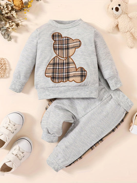 Toddler Baby Boy Bear Embroidered Pullover & Plaid Trousers Set