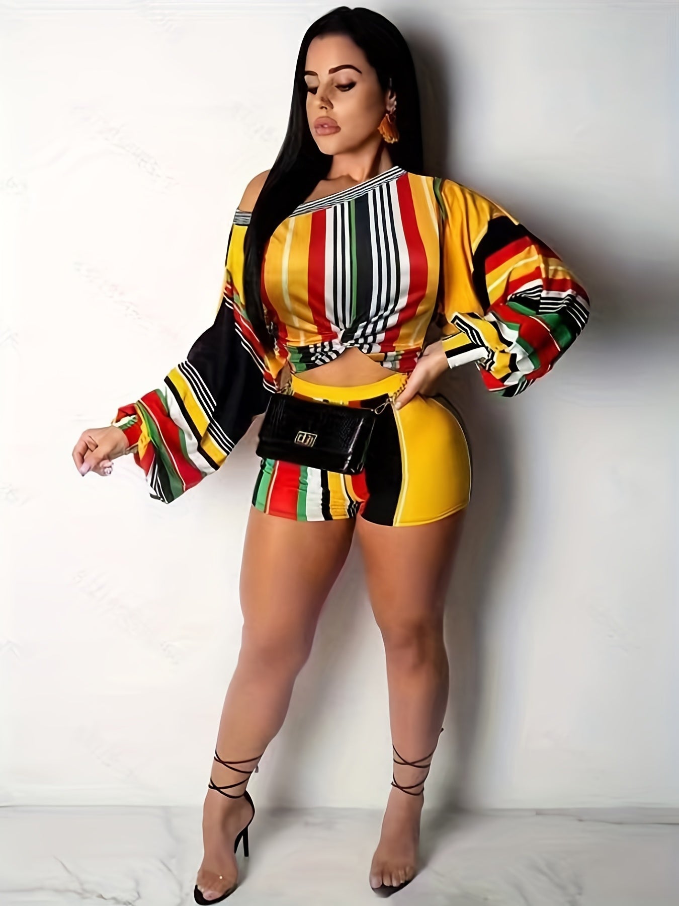  Stripe Print One Shoulder Knot Crop Top & Shorts Set