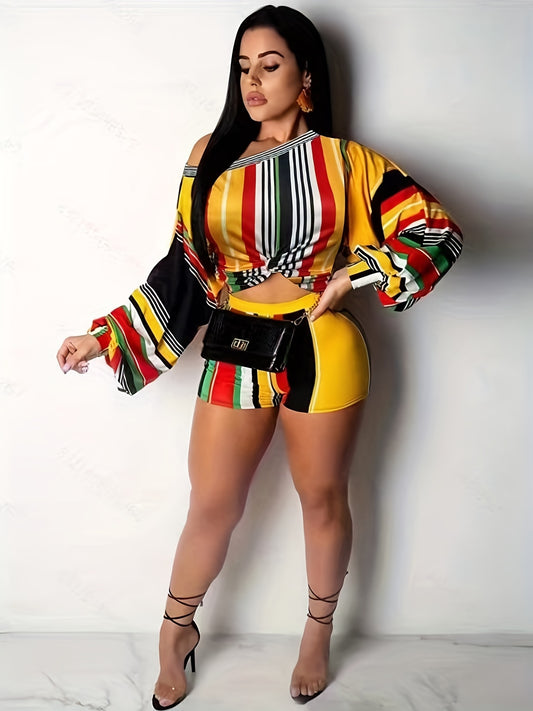  Stripe Print One Shoulder Knot Crop Top & Shorts Set