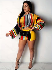  Stripe Print One Shoulder Knot Crop Top & Shorts Set