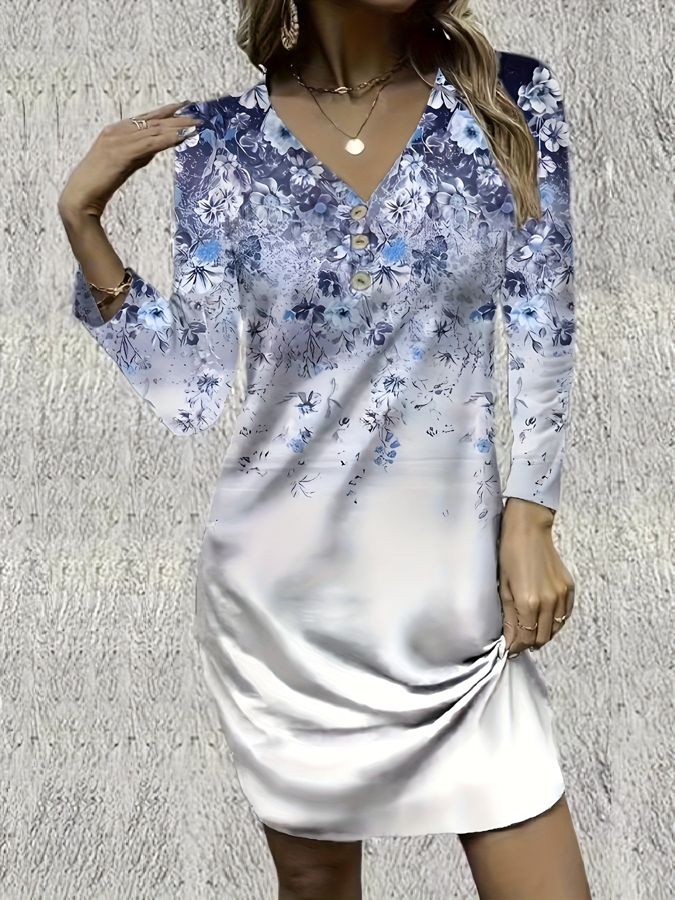  Sexy Dress Women's Plus Floral Print Button Decor Long Sleeve V Neck