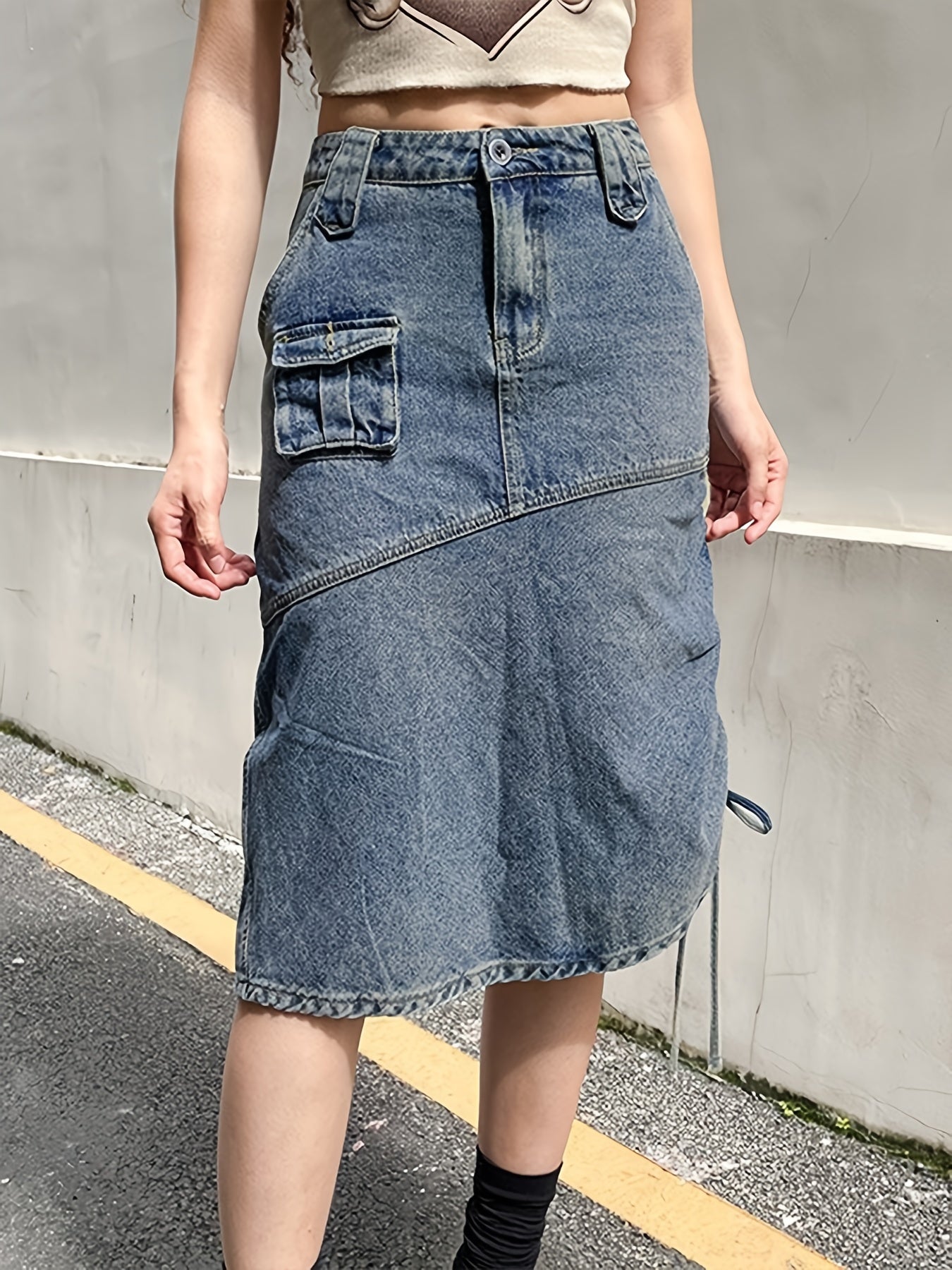 Cargo Denim Midi Skirt Y2K & Kpop Style Drawstring Denim Skirt
