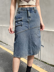 Cargo Denim Midi Skirt Y2K & Kpop Style Drawstring Denim Skirt