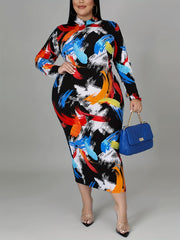  Graffiti Print Bodycon Dress with Half Zipper