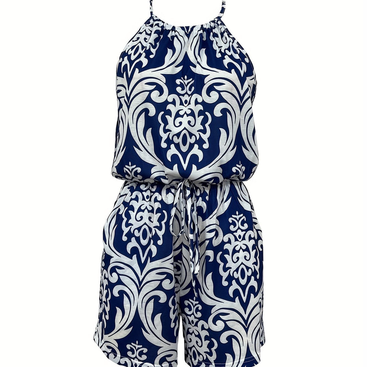 Baroque Floral Print Romper Crew Neck Sleeveless Tie Back Romper