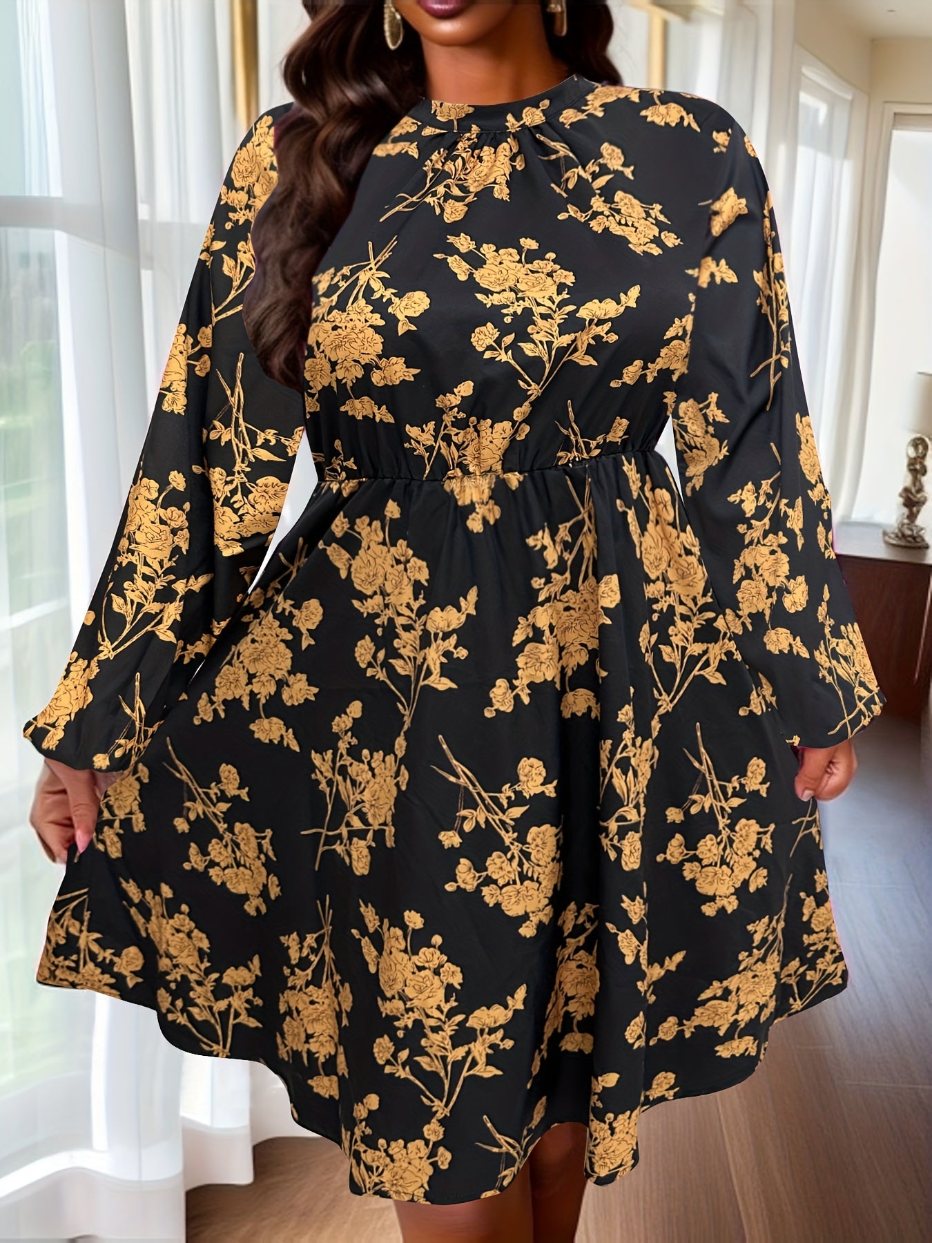  Floral Print Long Sleeve Mock Neck Stretch Dress