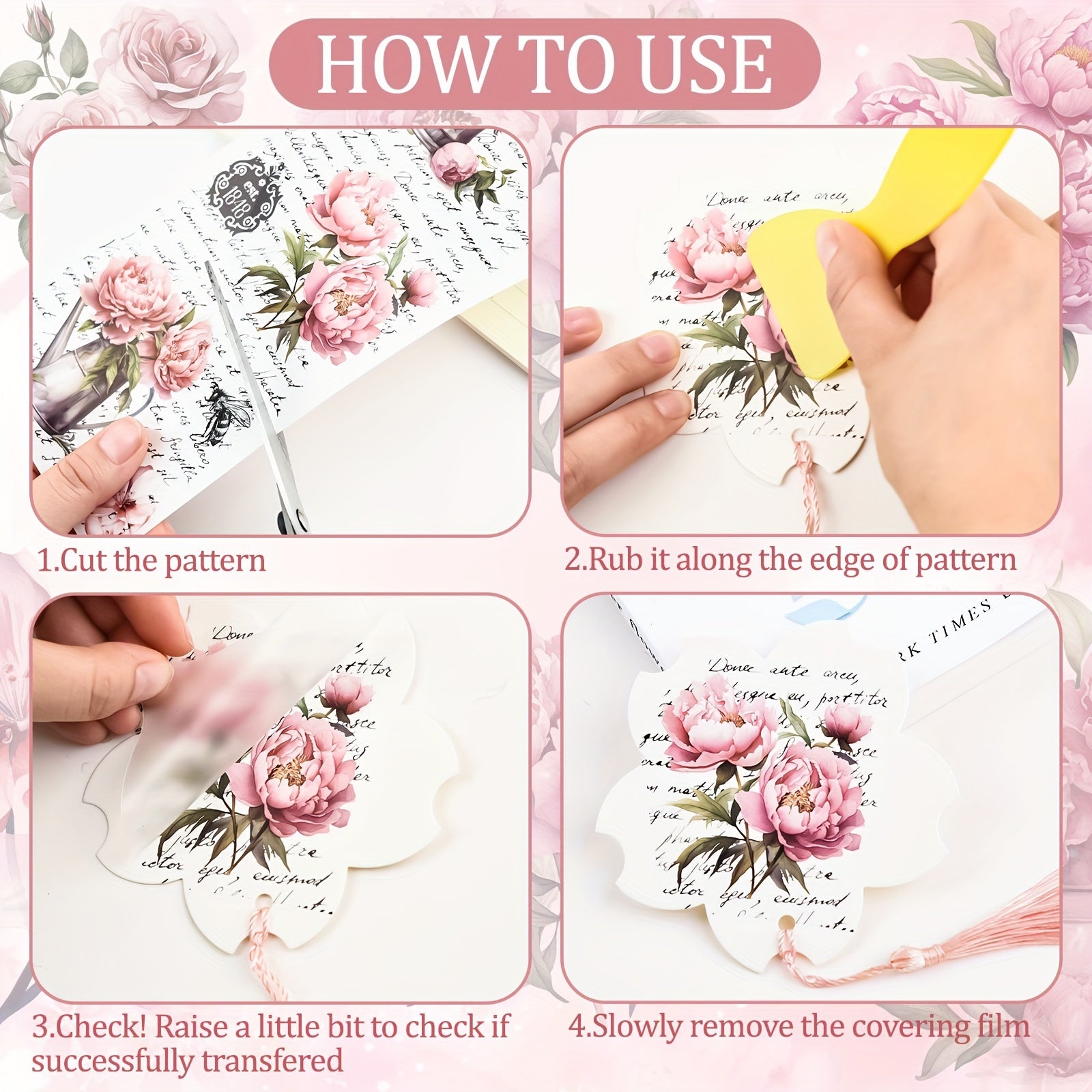 10 Sheets Vintage Peony Flower Rub On Stickers for DIY Scrapbooking