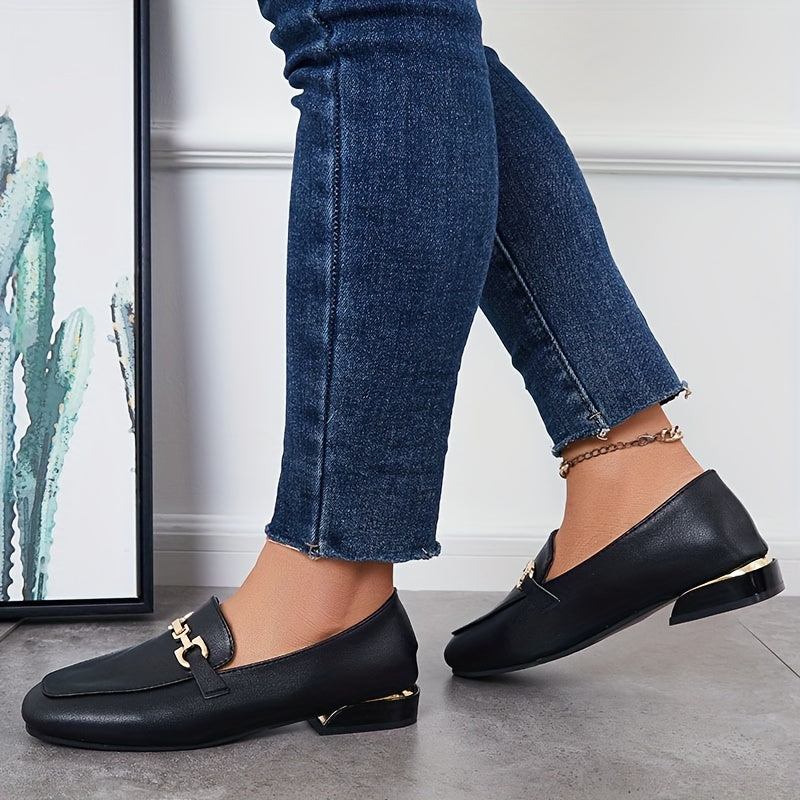 Women's Square Toe Low Heel Loafers with Buckle, Soft Sole Slip On Shoes
