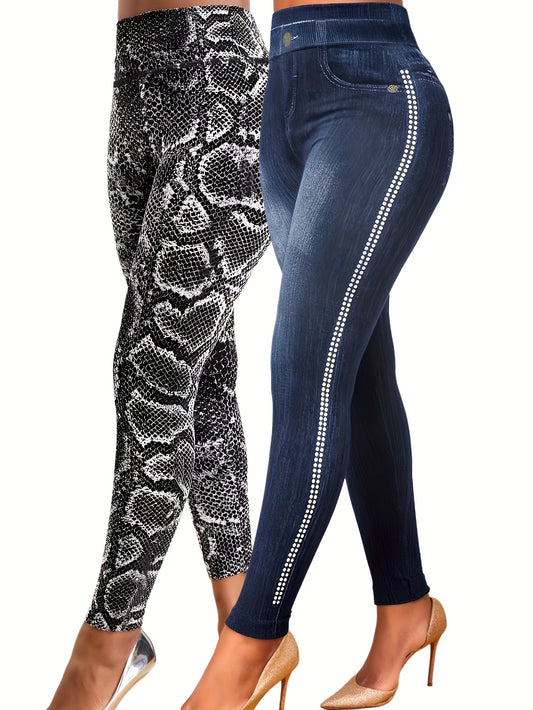 2pcs Snake & Denim Print Yoga Pants Women's Activewear