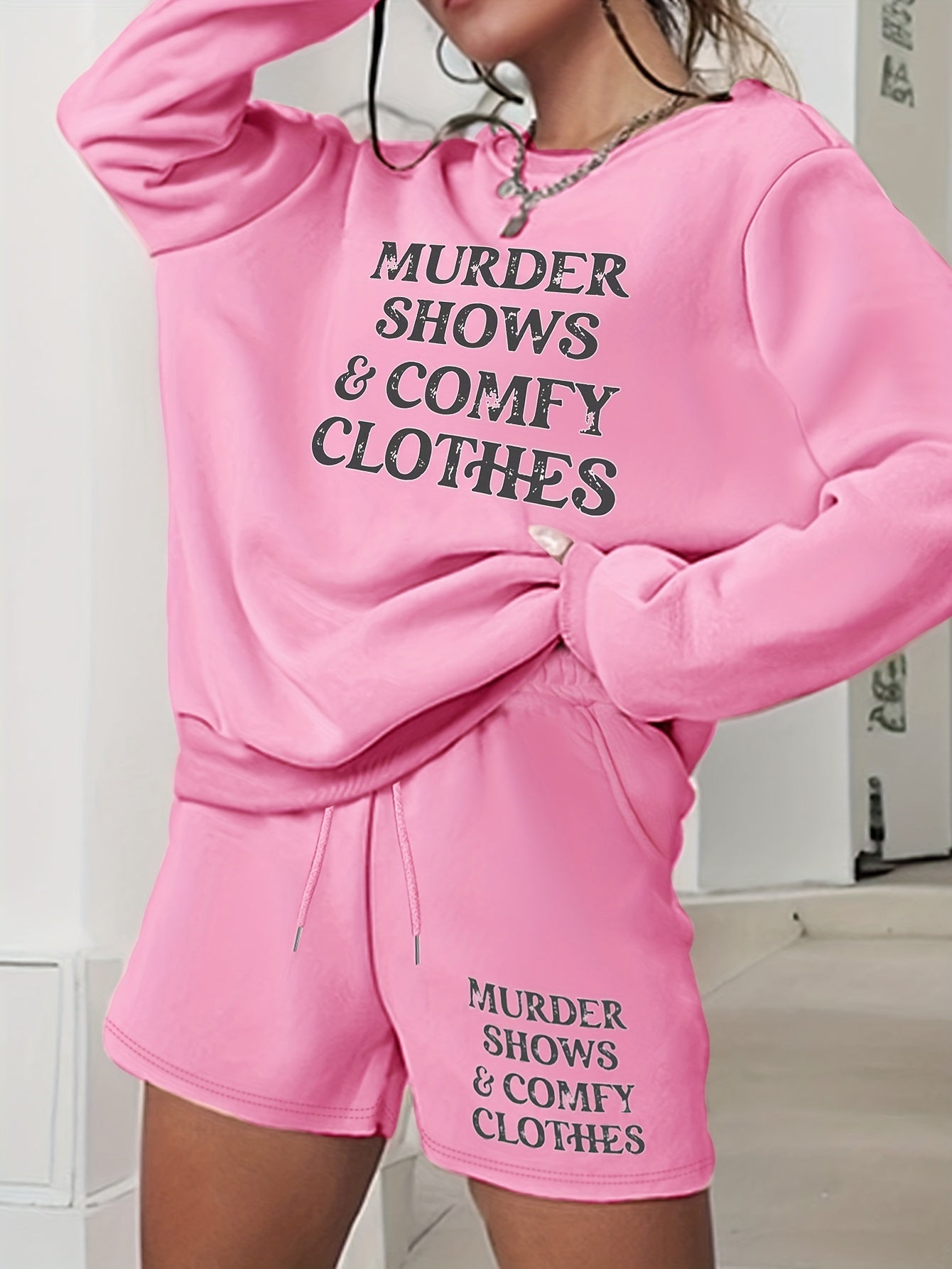 Slogan Print Sweatshirt & Shorts 2 Piece Set