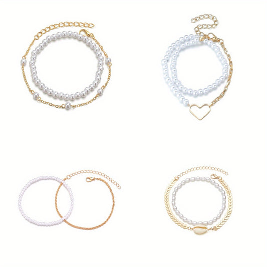 Vintage Sweet Faux Pearl Bead Bracelet Set 2 Pcs for Women