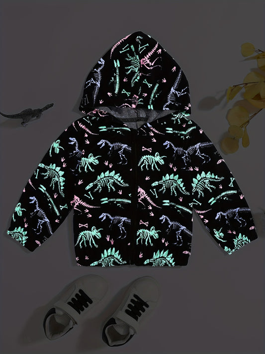 Luminous Dinosaur Print Boys Hoodie Zip Sweatshirt Pocket