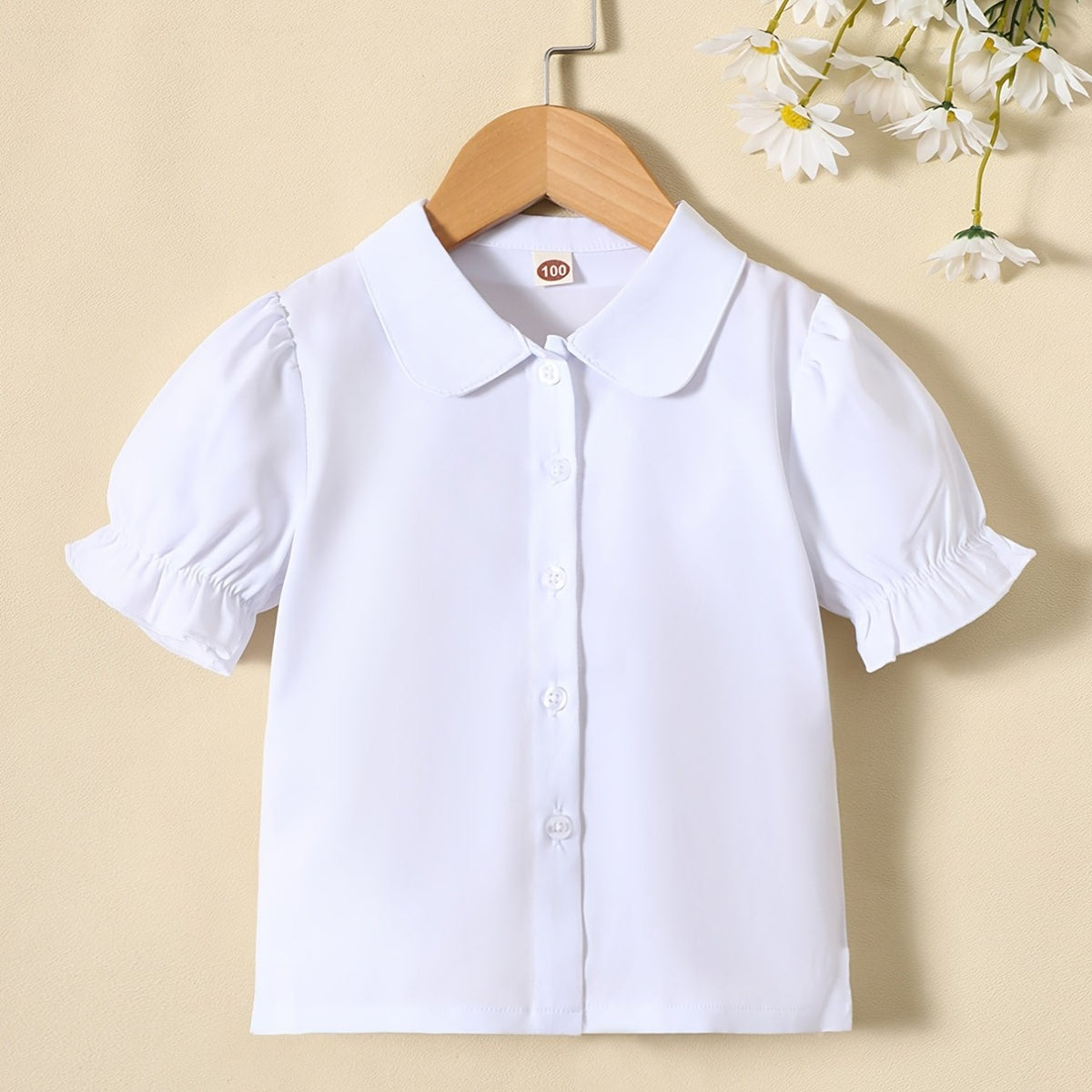 Girls Puff Sleeves Button Casual Frill Trim Short Sleeve Shirt Top