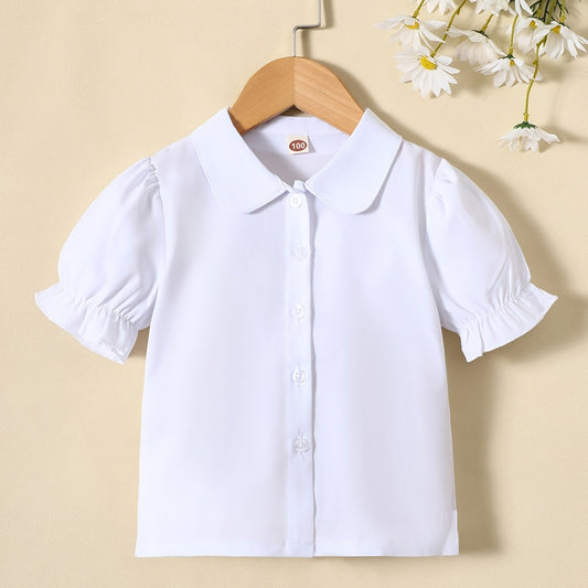 Girls Puff Sleeves Button Casual Frill Trim Short Sleeve Shirt Top