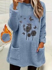Butterfly Plant Print Pullover Sweatshirt Furry Casual Sweatshirt