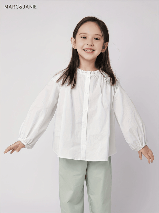 Girls Frill Collar Cotton Long Sleeve Shirt Button Down Blouse Shirt
