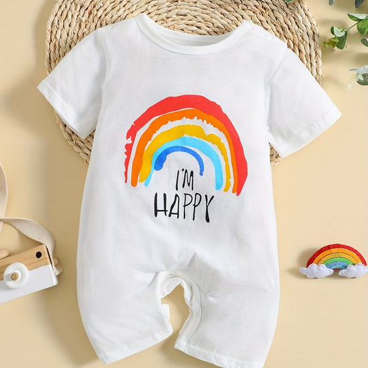 Baby Girls Cotton Short Sleeve Romper With Rainbow Print