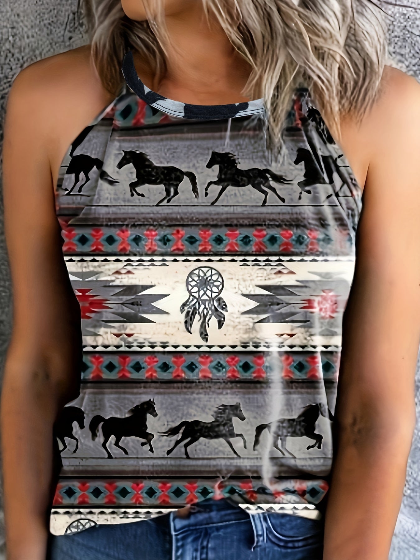  Southwestern Print Tank Top Round Neck Casual Slight Stretch