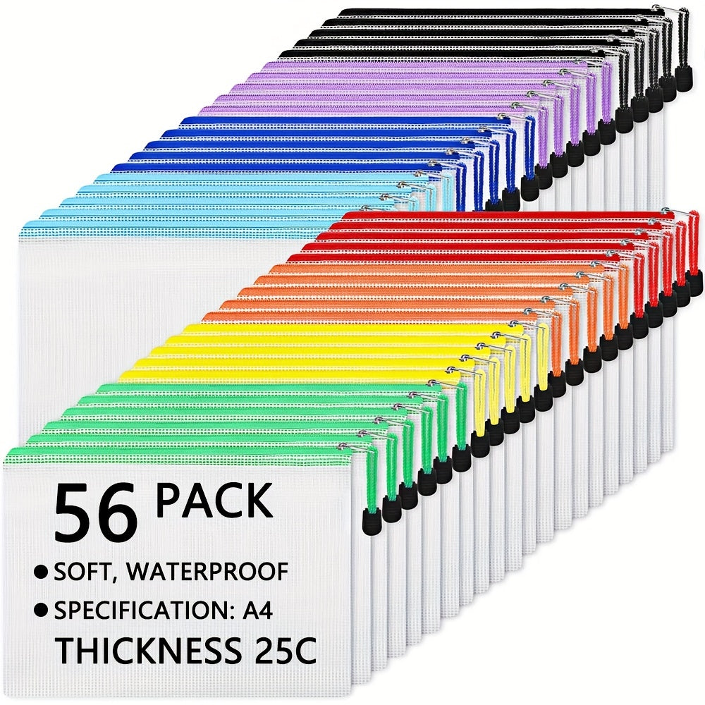 56PCS Zipper File Bags for Sorting and Storage A4 Size Travel and School