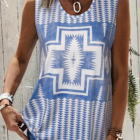Plus Size Geometric Print V Neck Tank Top