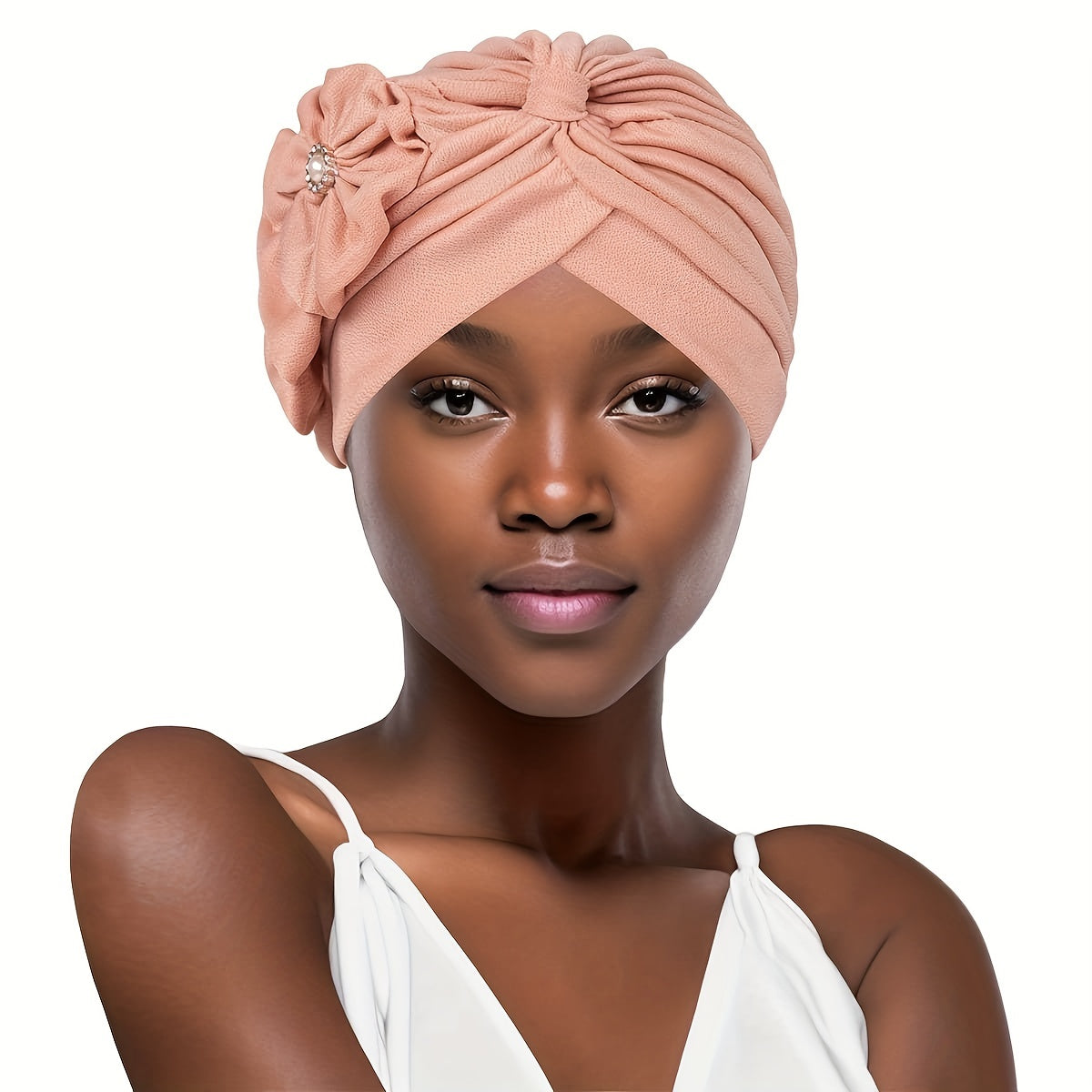 Faux Pearl Flower Turban Cap Bowknot Pleated Head Wraps Elastic Ramadan Head Sca