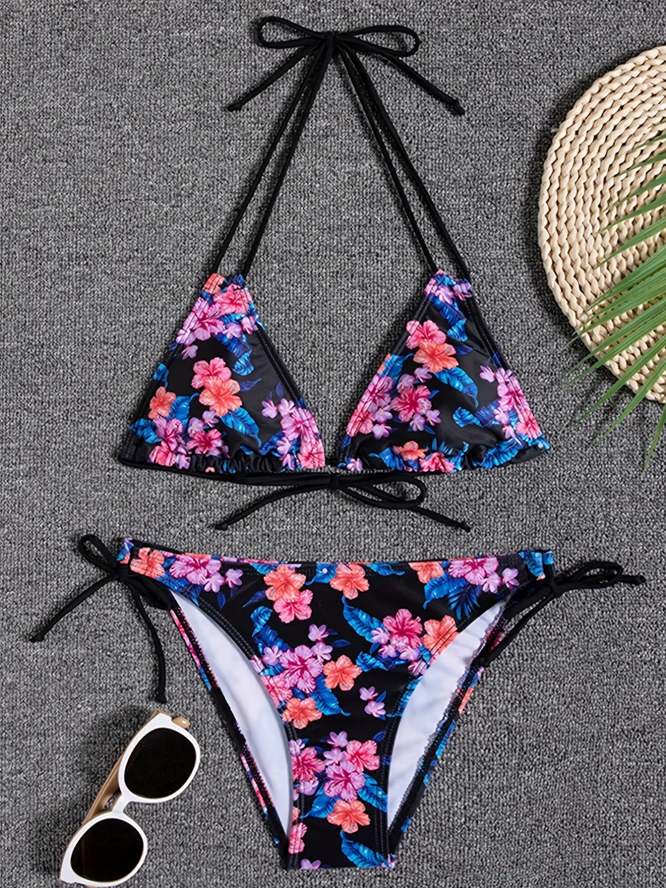 Print Bikini Set Halter Neck Triangle Tie Back Backless Swimsuit