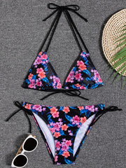 Print Bikini Set Halter Neck Triangle Tie Back Backless Swimsuit