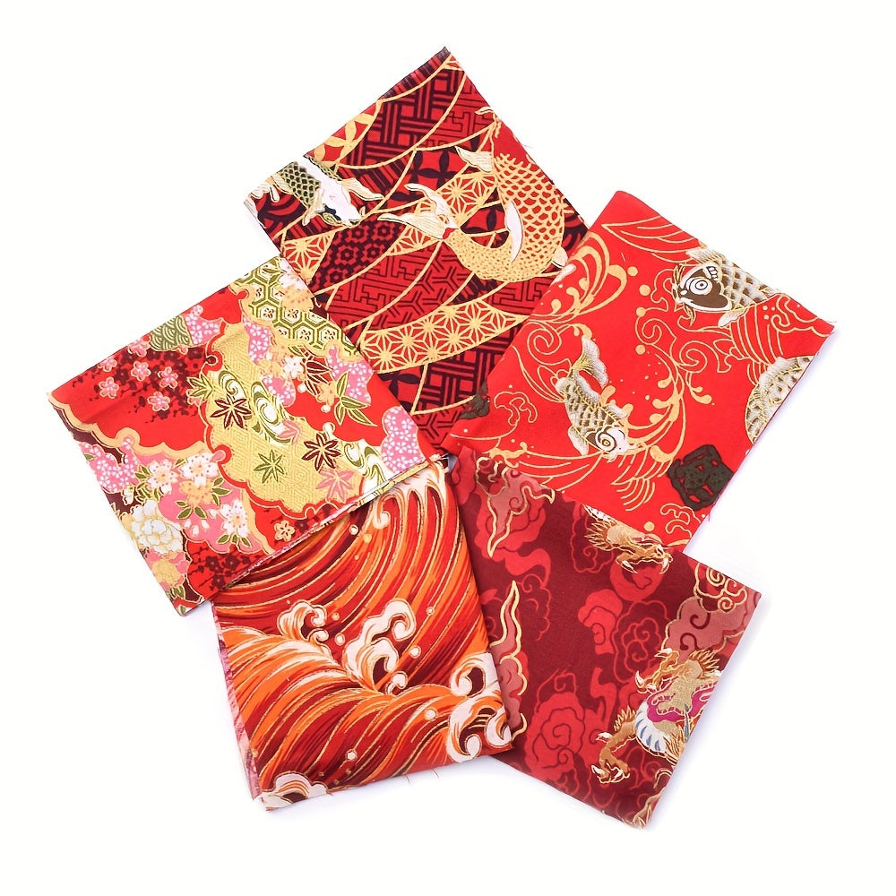 5pcs Japanese Fabric Bundle: Red Cotton for Patchwork Dolls & Bags Quilting