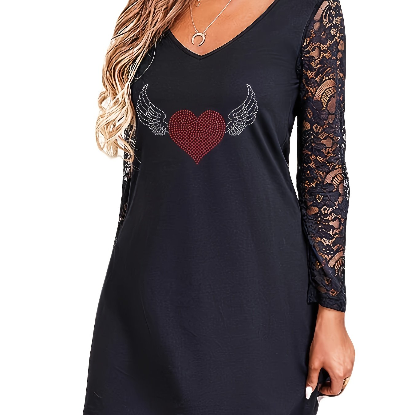  Rhinestone Heart & Wing Print Lace Sleeve V Neck Dress