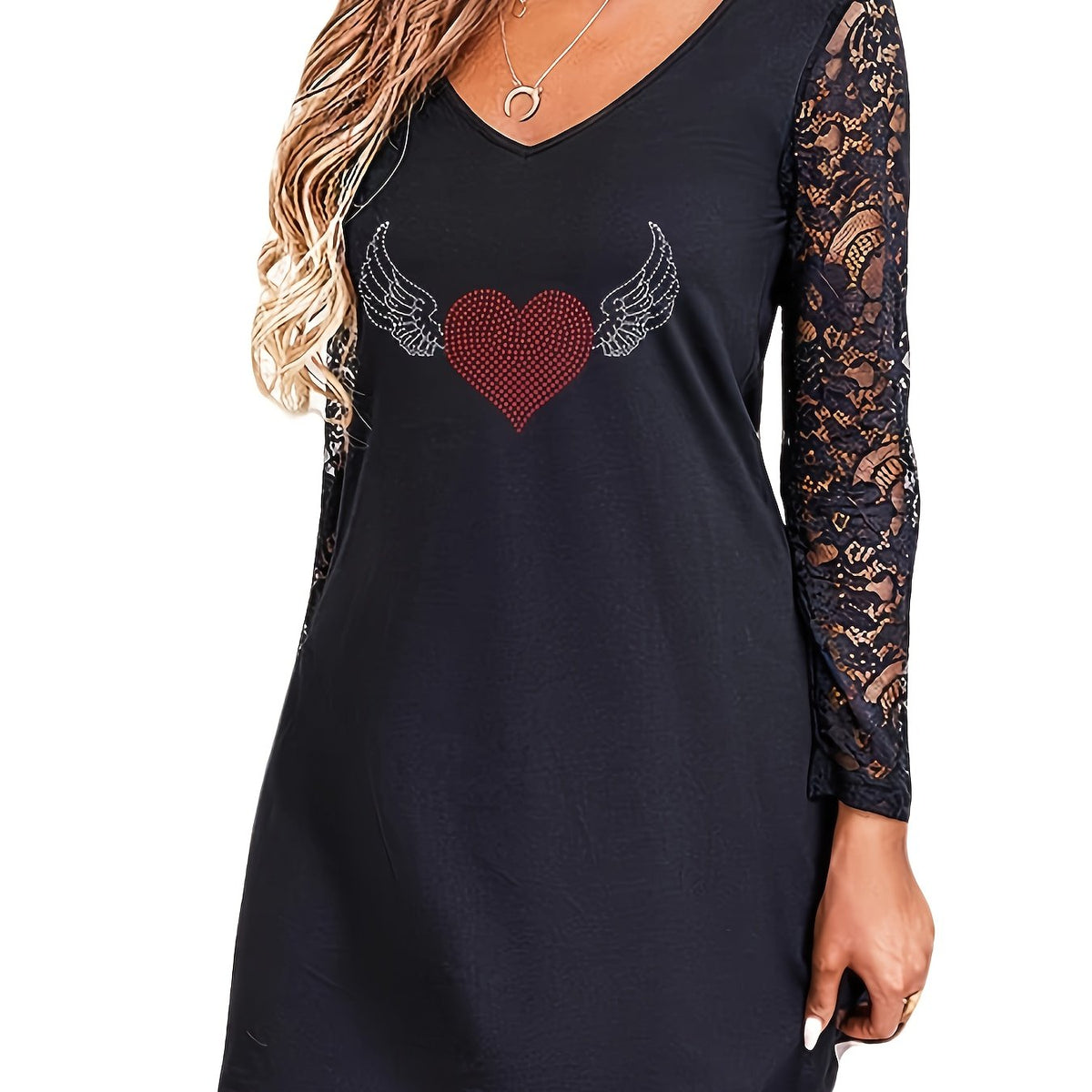  Rhinestone Heart & Wing Print Lace Sleeve V Neck Dress