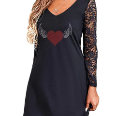  Rhinestone Heart & Wing Print Lace Sleeve V Neck Dress