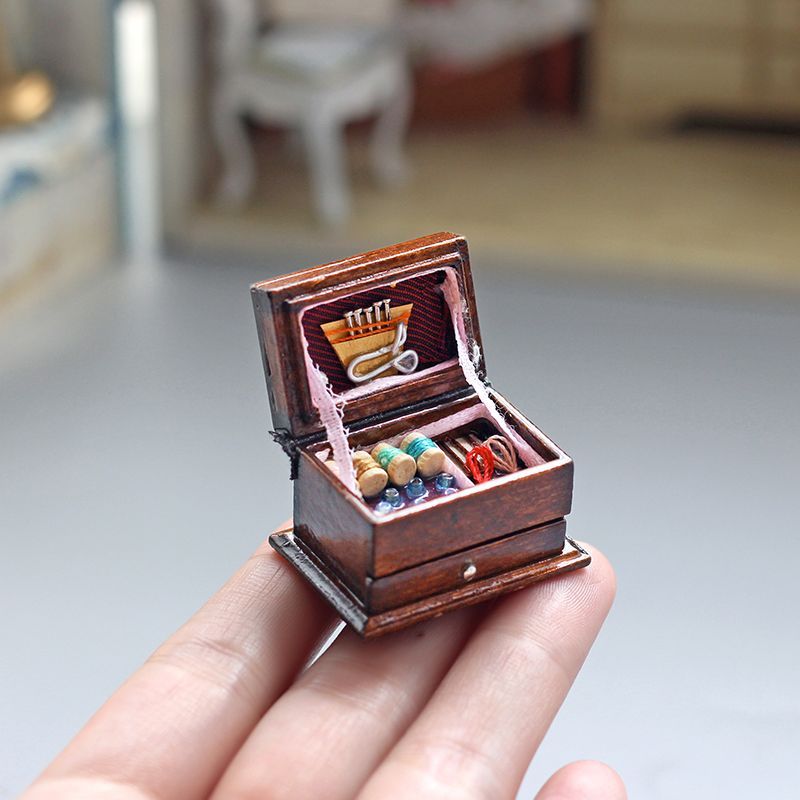 Vintage Sewing Kit Box Wooden Needlework Scissors Buttons Threads