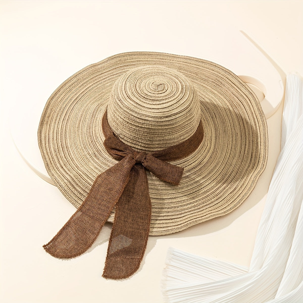 Vintage Boho Straw Sun Hat with Ribbon Bow