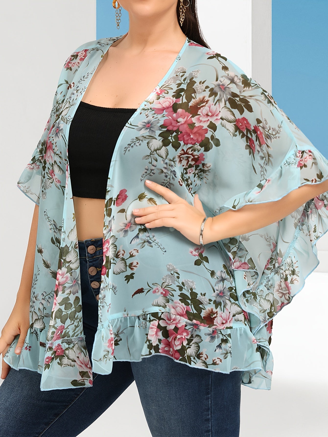 Floral Print Plus Size Kimono Beach Cover Up