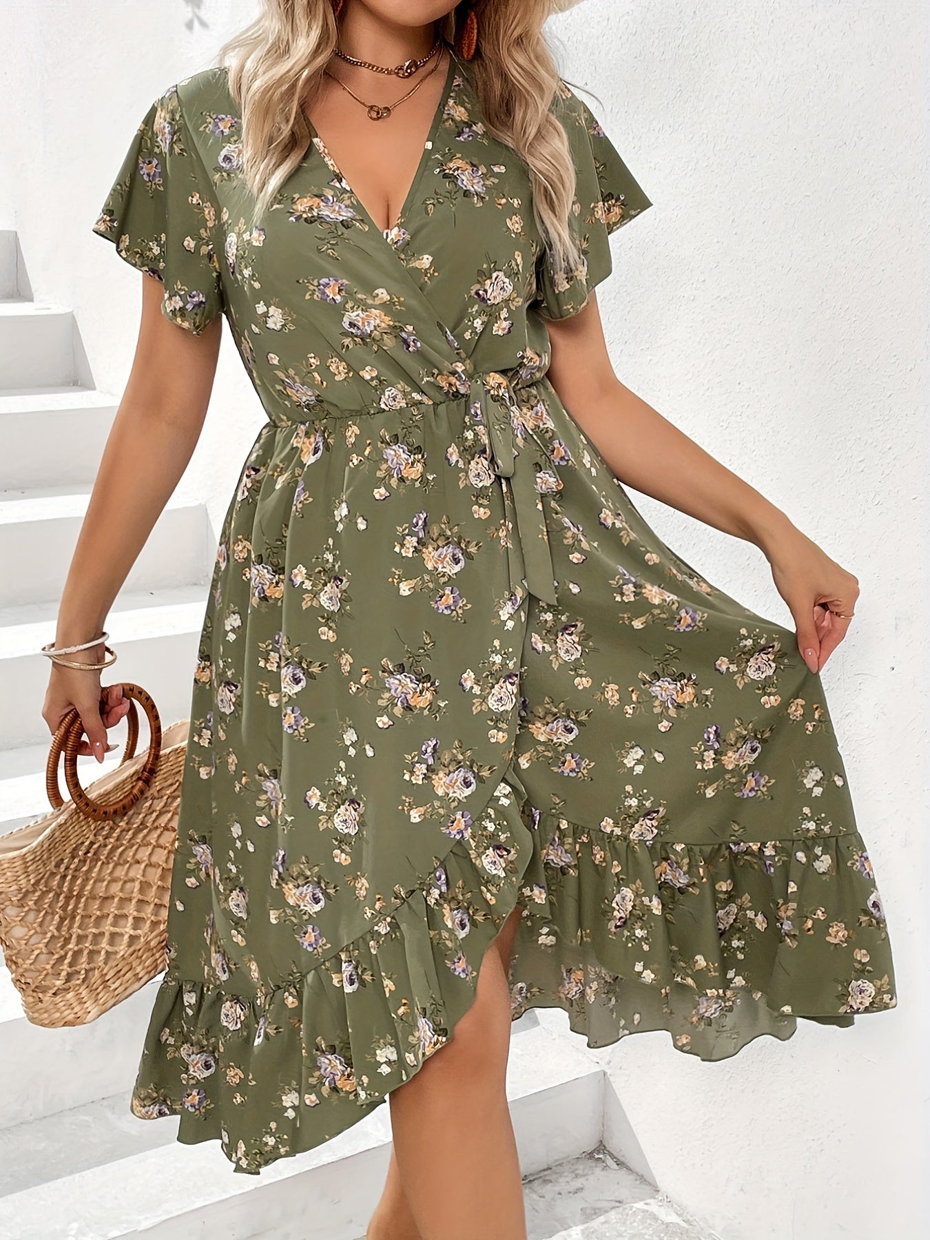 Floral Print Knot Side Wrap Allover Dress