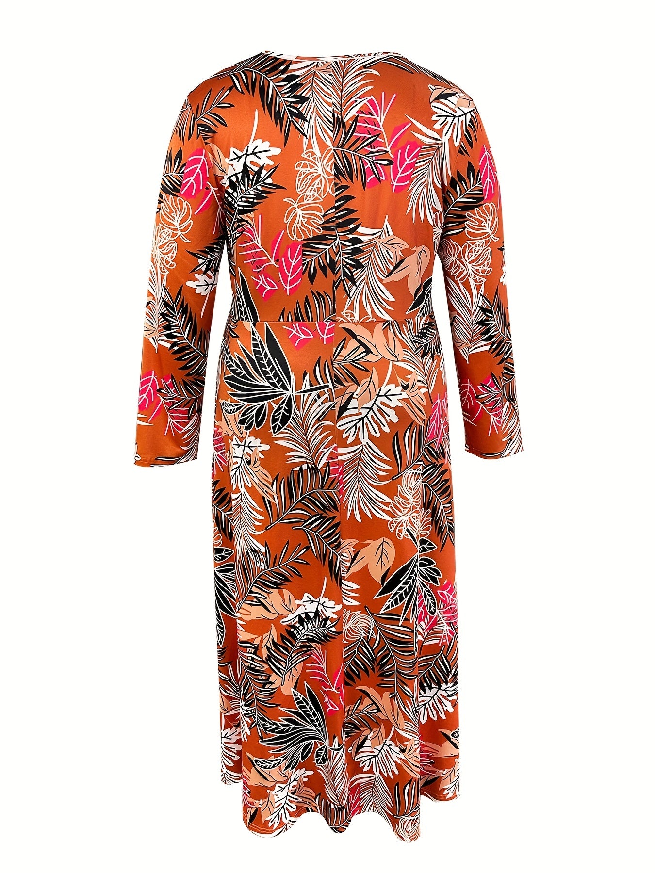 Plus Size Leaf Print Long Sleeve Maxi Dress