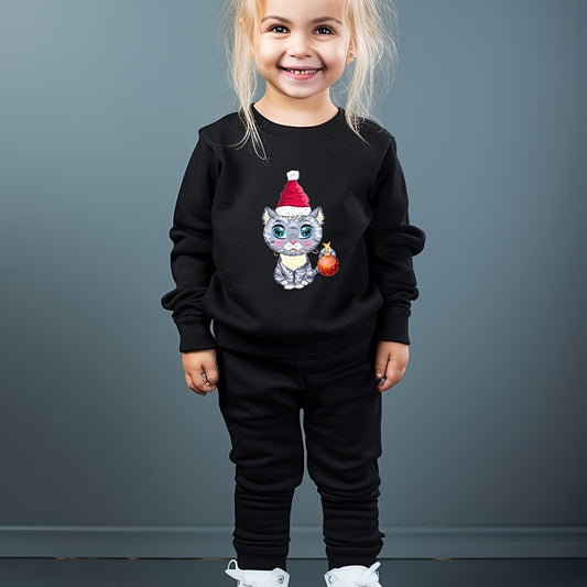 Girls 2pc Cat Crew Neck Sweatshirt and Solid Sweatpants Set