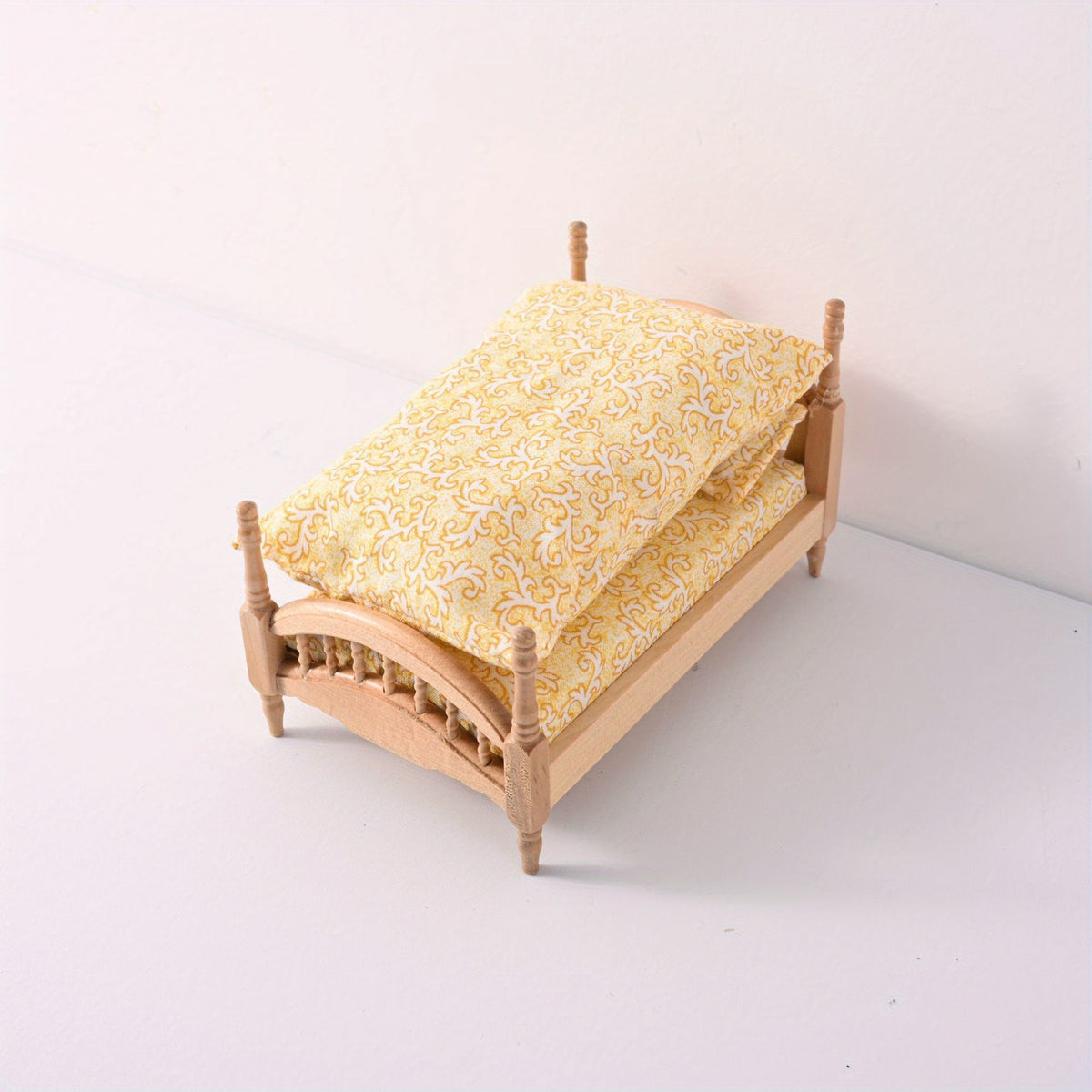 Mini Dollhouse Wooden Bed Vintage Floral Pattern Yellow