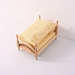 Mini Dollhouse Wooden Bed Vintage Floral Pattern Yellow