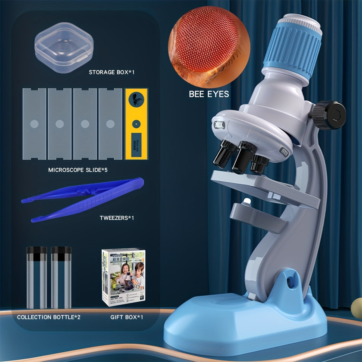 Children's Microscope Set 60-1200X with LED Light Source
