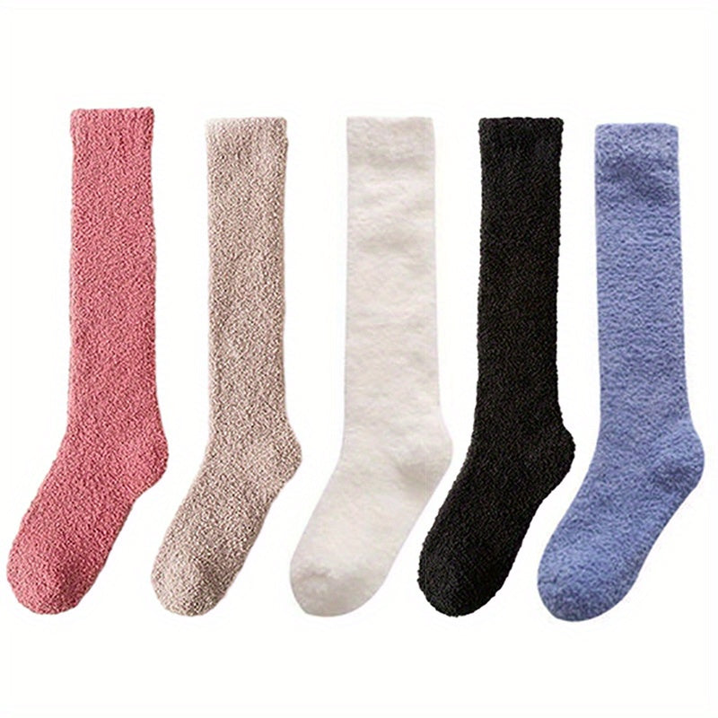 5 Pairs Solid Fuzzy Calf Socks Comfy & Warm Knee High Socks