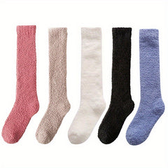 5 Pairs Solid Fuzzy Calf Socks Comfy & Warm Knee High Socks
