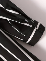  Stripe Print Button Up Long Sleeve Polo Neck Mini Shirt Dress