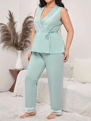  Lace Waist Peplum Top & Pants Pajama Set